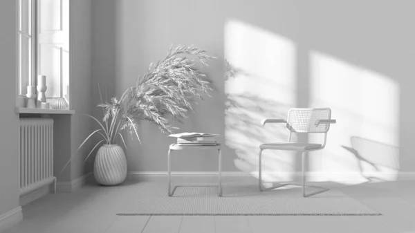 Totaler Weißer Projektentwurf Skandinavisches Wohnzimmer Rattan Und Stehlen Sessel Beistelltisch — Stockfoto