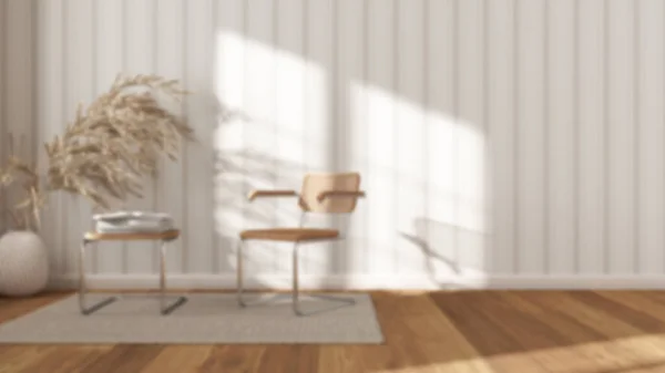 Verschwommener Hintergrund Zeitgenössisches Wartezimmer Sessel Aus Rattan Beistelltisch Teppich Fenster — Stockfoto