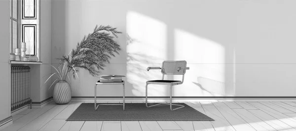 Blueprint Unfinished Project Draft Panoramic View Modern Waiting Room Rattan — Stock Photo, Image