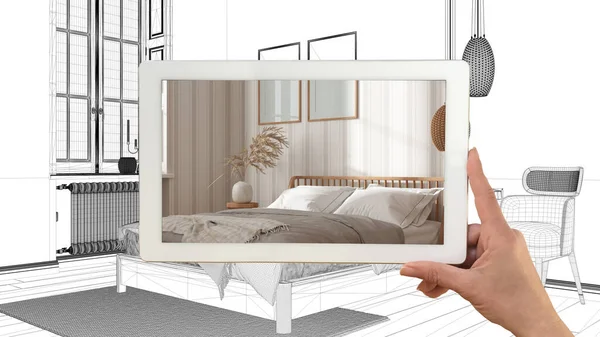 强化现实概念 基于Ar应用的手持平板电脑 在定制建筑设计 黑色油墨草图 居室设计思想等方面对家具产品进行了仿真 — 图库照片