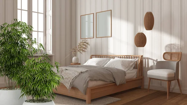 대나무 인테리어 디자인 개념을 갖춘젠 인테리어 침대와 프레임 줄무늬 미니멀리즘 — 스톡 사진