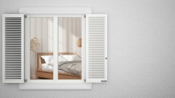 Panjurlu Beyaz Pencereli Dış Alçı Duvar Ahşap Yataklı Yatak Odasını — Stok fotoğraf