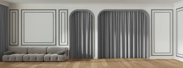 Panoramic View Classic Living Room Molded Wall Arched Doors Curtain — Stock Photo, Image