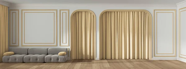 Panoramic view of classic living room with molded wall, arched doors with curtain and parquet floor. White and yellow pastel tones, modern velvet sofa. Banner, interior design