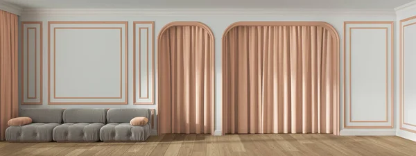 Panoramic view of classic living room with molded wall, arched doors with curtain and parquet floor. White and orange pastel tones, modern velvet sofa. Banner, interior design