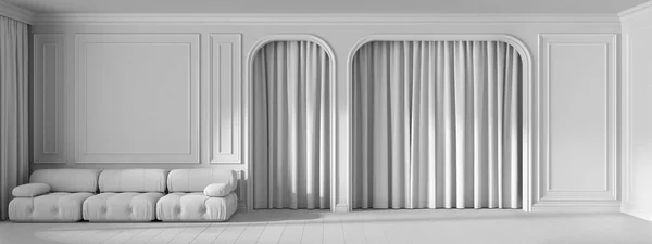 Total white project draft, panoramic view of classic living room with molded wall, arched doors with curtain and parquet floor. Modern velvet sofa. Banner, interior design