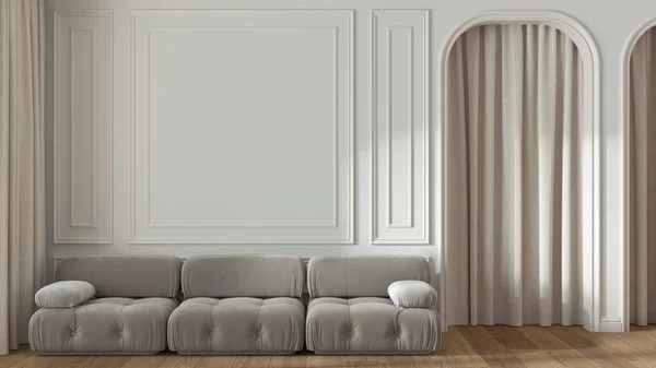 Neoclassic living room, molded walls with copy space, template. Arched door with curtain and parquet floor. White and beige tones, modern velvet sofa. Classic interior design
