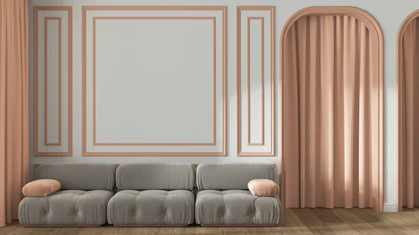 Neoklasyczny Salon Formowane Ściany Przestrzenią Kopiowania Szablon Drzwi Łukowe Zasłoną — Zdjęcie stockowe