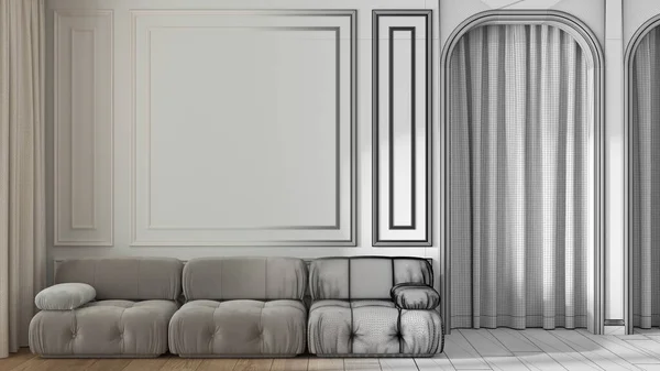 Architect interior designer concept: hand-drawn draft unfinished project that becomes real, neoclassic living room, molded walls with copy space. Arched door with curtain and parquet