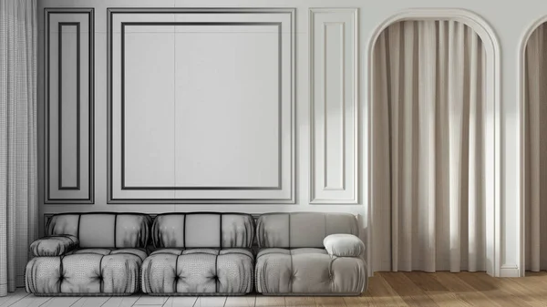 Architect interior designer concept: hand-drawn draft unfinished project that becomes real, neoclassic living room, molded walls with copy space. Arched door with curtain and parquet