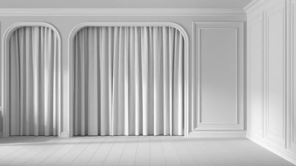 Total white project draft, empty room interior design, classic open space with parquet wooden floor and molded walls, arched doors with curtains, neoclassic architecture concept