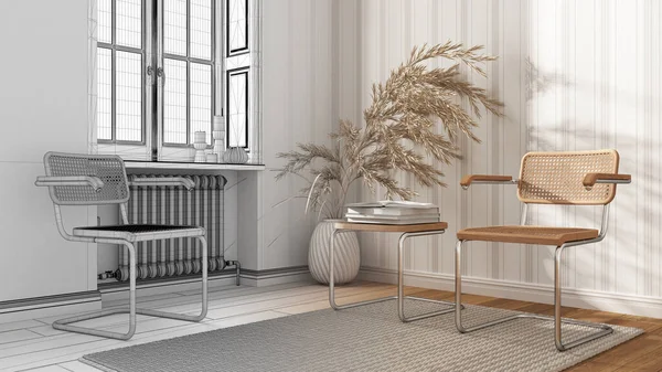 Mimar iç mimar konsepti: elle çizilmiş tamamlanmamış proje gerçek oluyor, bekleme odası. Rattan ve koltuk çal, yan masa, halı, pencere ve dekorlar. Duvar Kağıdı