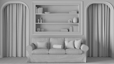 Tamamen beyaz proje taslağı, neoklasik oturma odası, kalıplı kitaplık duvarlar. Perdeleri ve parke zemini olan kemerli kapılar. Modern kanepe ve halı. Klasik iç tasarım
