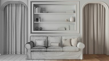 Mimari iç mimar konsepti: elle çizilmiş tamamlanmamış proje gerçek, neoklasik oturma odası kapanıyor, kitaplık ile biçimlendirilmiş duvarlar. Perdeli kemerli kapılar.