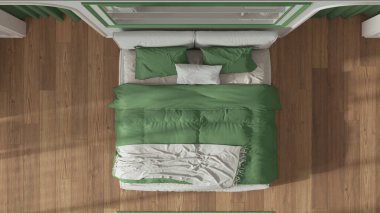 Beyaz ve yeşil tonlarda neoklasik yatak odası. Çift kişilik yatak ve halı, perdeli kemerli duvarlar. Kalıplı duvarlar, kitaplık, parke. Manzara, plan, yukarısı. Klasik iç tasarım