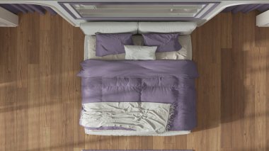 Beyaz ve mor tonlarda neoklasik yatak odası. Çift kişilik yatak ve halı, perdeli kemerli duvarlar. Kalıplı duvarlar, kitaplık, parke. Manzara, plan, yukarısı. Klasik iç tasarım