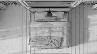 Proje taslağı tamamlanmamış, neoklasik yatak odası. Yatak ve halı, perdeli kemerli duvarlar. Kalıplı duvarlar, kitaplık, parke. Manzara, plan, yukarısı. Klasik iç tasarım