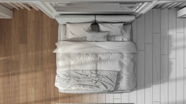 Mimar iç mimar konsepti: elle çizilmiş tamamlanmamış proje gerçek, klasik yatak odası haline geliyor. Yatak ve halı, perdeli kemerli duvarlar. Üst görünüm, plan, yukarıda