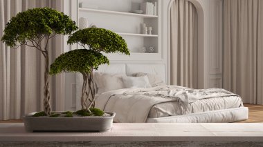 Çakıl taşı ve saksı çiçekli eski ahşap masa rafı, yeşil çiçekler, yatak odası ve küflü duvarlar, perdeli kemerli kapılar, parke, iç tasarım