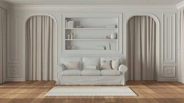 Neoclassic living room, molded walls with bookshelf. Arched doors with curtains and parquet floor. White and beige tones, contemporary sofa and carpet. Classic interior design