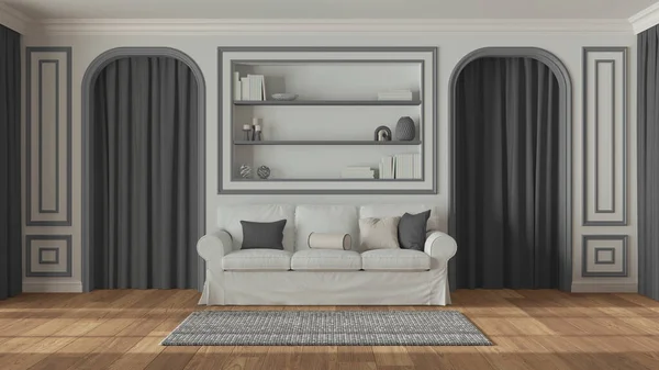 Neoclassic living room, molded walls with bookshelf. Arched doors with curtains and parquet floor. White and gray tones, contemporary sofa and carpet. Classic interior design