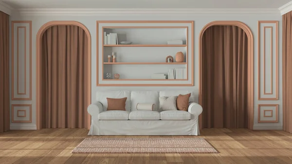 Neoclassic living room, molded walls with bookshelf. Arched doors with curtains and parquet floor. White and orange pastel tones, contemporary sofa and carpet. Classic interior design