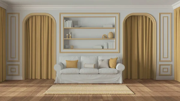 Neoclassic living room, molded walls with bookshelf. Arched doors with curtains and parquet floor. White and yellow pastel tones, contemporary sofa and carpet. Classic interior design