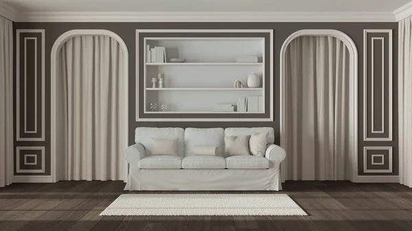 Neoclassic living room, molded walls with bookshelf. Arched doors with curtains and parquet floor. White and dark tones, contemporary sofa and carpet. Classic interior design