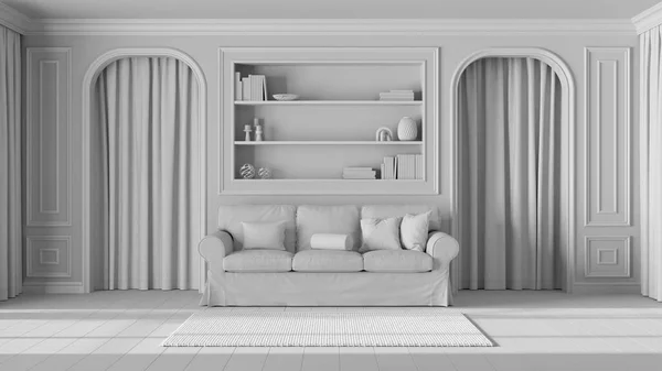 Total white project draft, neoclassic living room, molded walls with bookshelf. Arched doors with curtains and parquet floor. Contemporary sofa and carpet. Classic interior design