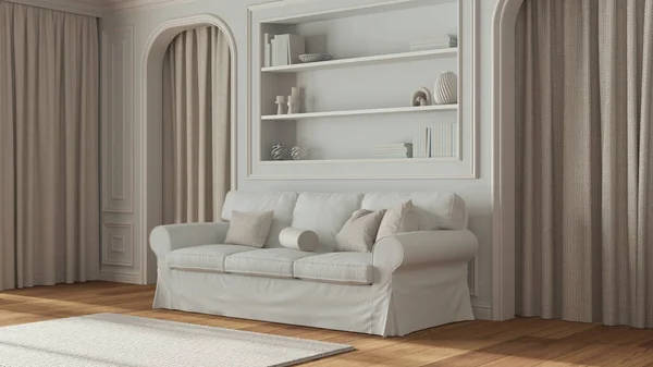 Classic living room, molded walls with bookshelf. Arched doors with curtains and parquet floor. White and beige tones, modern sofa and carpet. Contemporary interior design