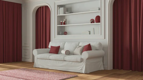 Classic living room, molded walls with bookshelf. Arched doors with curtains and parquet floor. White and red tones, modern sofa and carpet. Contemporary interior design