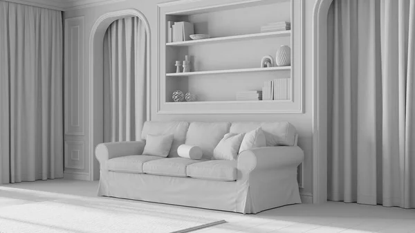 Total White Project Draft Classic Living Room Molded Walls Bookshelf — Stock Photo, Image