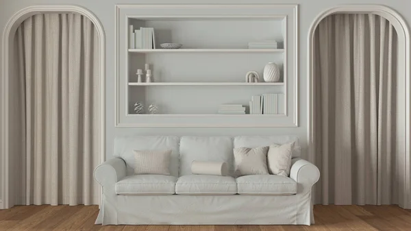 Neoclassic Living Room Close Molded Walls Bookshelf White Beige Tones — Stock Photo, Image