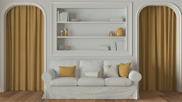 Neoclassic Living Room Close Φορμαρισμένοι Τοίχοι Βιβλιοθήκη Λευκούς Και Κίτρινους — Φωτογραφία Αρχείου