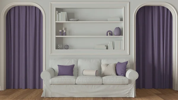 Neoclassic living room close up, molded walls with bookshelf in white and purple tones. Arched doors with curtains and parquet floor. Modern sofa and carpet. Classic interior design