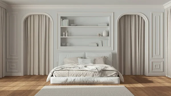 Νεοκλασικό Υπνοδωμάτιο Λευκό Και Μπεζ Χρώμα Διπλό Κρεβάτι Και Χαλί — Φωτογραφία Αρχείου