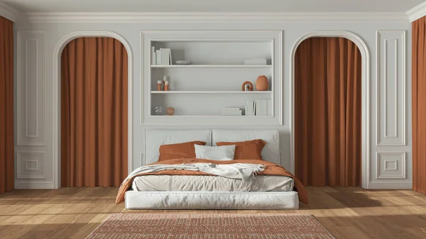 Beyaz Turuncu Tonlarda Neoklasik Yatak Odası Çift Kişilik Yatak Halı — Stok fotoğraf