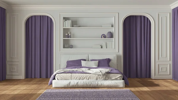 Neoclassic Bedroom White Purple Tones Double Bed Carpet Arched Walls — Stock Photo, Image