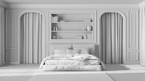Borrador Proyecto Blanco Total Dormitorio Neoclásico Cama Doble Alfombra Paredes — Foto de Stock