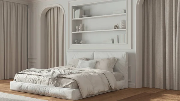 白とベージュのトーンで古典的な寝室 二重近代的なベッドとカーペット カーテン付きアーチ型の壁 成形された壁や本棚 寄木細工 新古典的なインテリアデザイン — ストック写真