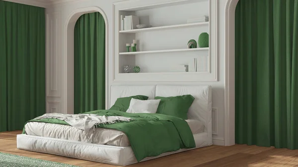 Классическая Спальня Белых Зеленых Тонах Двойная Современная Кровать Ковер Арочные — стоковое фото