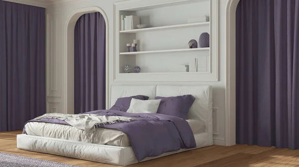 白と紫のトーンで古典的な寝室 二重近代的なベッドとカーペット カーテン付きアーチ型の壁 成形された壁や本棚 寄木細工 新古典的なインテリアデザイン — ストック写真
