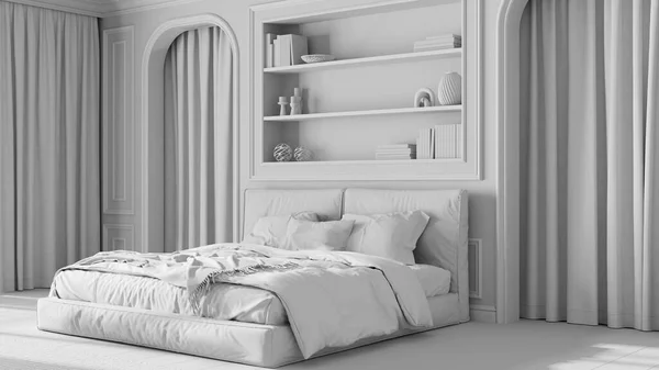 Total white project draft, classic bedroom. Double modern bed and carpet, arched walls with curtains. Molded walls and bookshelf, parquet. Neoclassic interior design concept