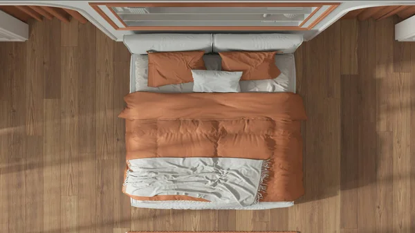 Неоклассическая Спальня Белых Оранжевых Тонах Двуспальная Кровать Ковер Арочные Стены — стоковое фото