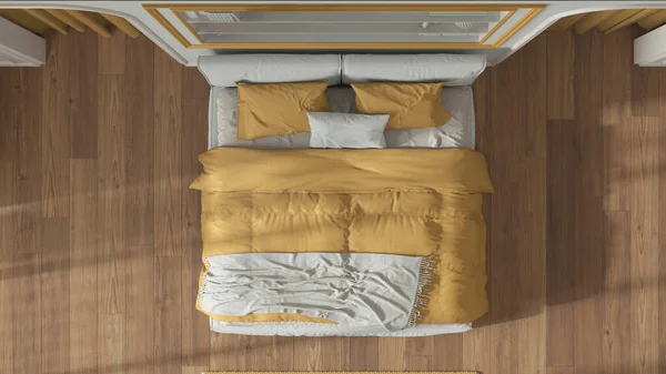 노란색 신고전주의 침실입니다 침대와 아치형 책꽂이를 놓았습니다 전형적 — 스톡 사진