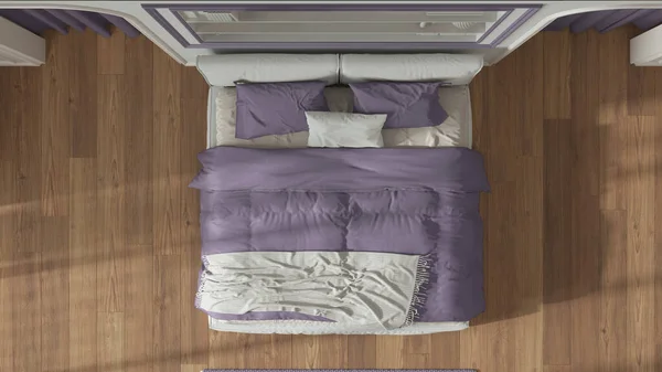 Νεοκλασικό Υπνοδωμάτιο Λευκούς Και Μωβ Τόνους Διπλό Κρεβάτι Και Χαλί — Φωτογραφία Αρχείου