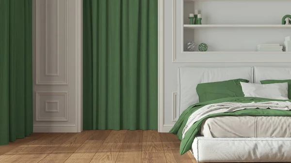 Dormitorio Clásico Tonos Blancos Verdes Cerca Cama Doble Moderna Alfombra —  Fotos de Stock