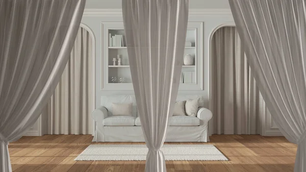 White openings curtains overlay classic living room, interior design background, front view, clipping path, vertical folds, soft tulle textile texture, stage concept with copy space