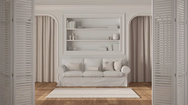Bílé Skládací Dveře Klasickém Obývacím Pokoji Pohovkou Tvarovanými Stěnami Klenuté — Stock fotografie