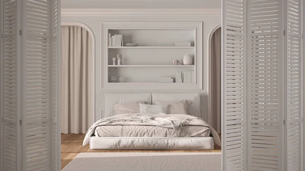 White folding door opening on classic bedroom with modern bed and molded walls, arched doors with curtains, parquet, interior design, architect designer concept, background